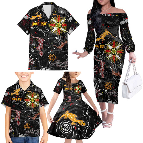Lizard Aboriginal Australia Family Matching Off The Shoulder Long Sleeve Dress and Hawaiian Shirt