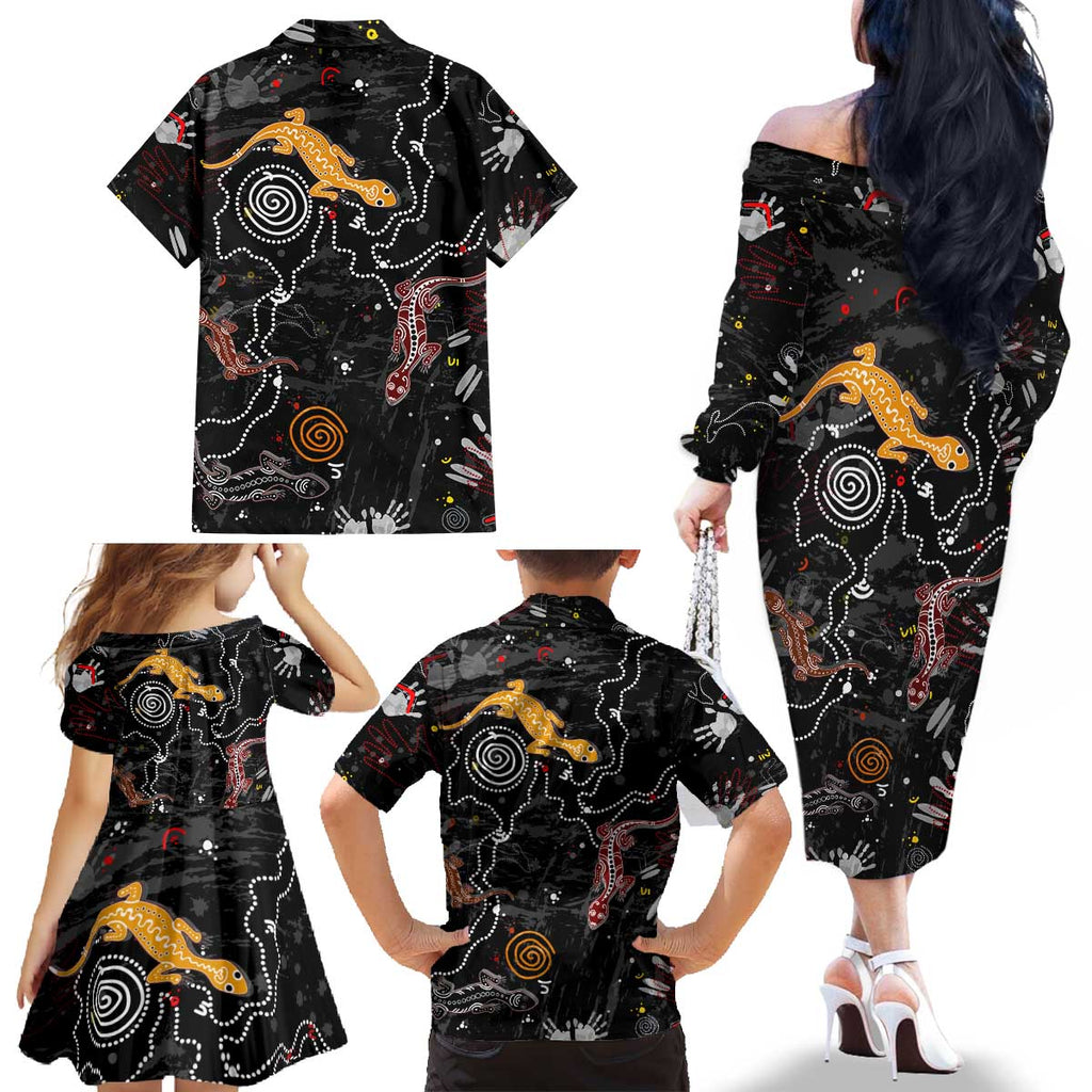 Lizard Aboriginal Australia Family Matching Off The Shoulder Long Sleeve Dress and Hawaiian Shirt