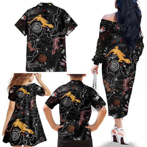 Lizard Aboriginal Australia Family Matching Off The Shoulder Long Sleeve Dress and Hawaiian Shirt