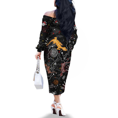 Lizard Aboriginal Australia Family Matching Off The Shoulder Long Sleeve Dress and Hawaiian Shirt