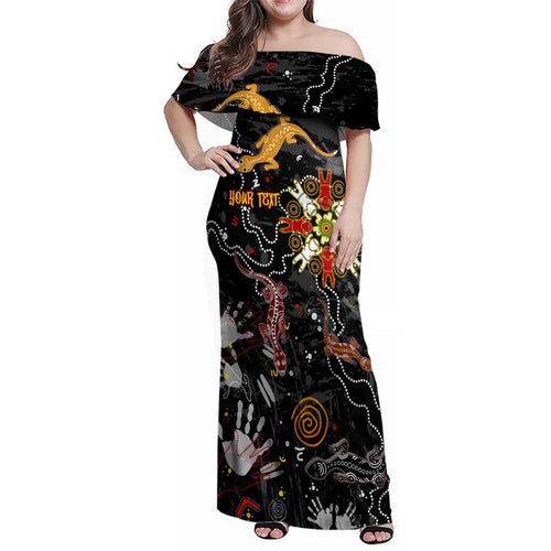 Lizard Aboriginal Australia Family Matching Off Shoulder Maxi Dress and Hawaiian Shirt