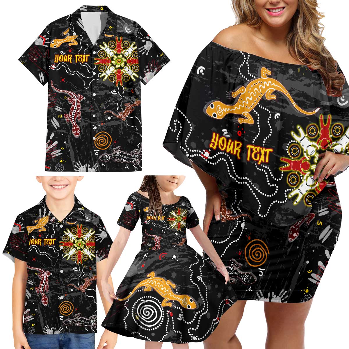 Lizard Aboriginal Australia Family Matching Off Shoulder Short Dress and Hawaiian Shirt