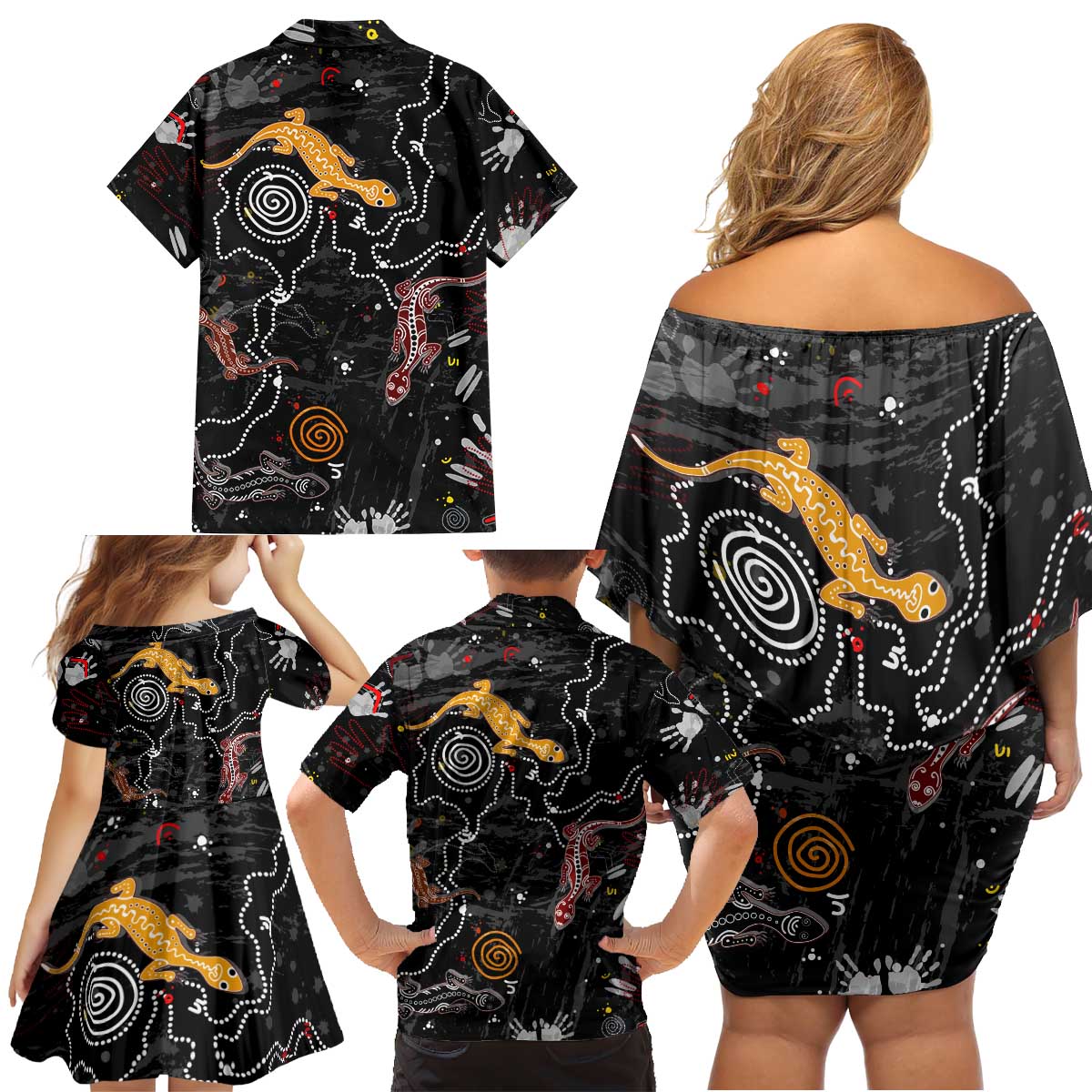 Lizard Aboriginal Australia Family Matching Off Shoulder Short Dress and Hawaiian Shirt