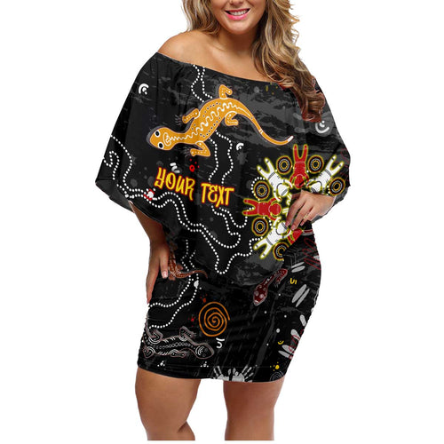 Lizard Aboriginal Australia Family Matching Off Shoulder Short Dress and Hawaiian Shirt