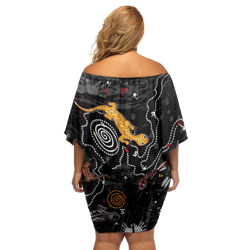 Lizard Aboriginal Australia Family Matching Off Shoulder Short Dress and Hawaiian Shirt