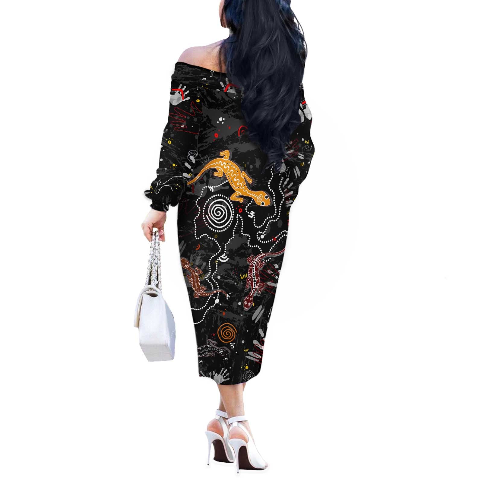 Lizard Aboriginal Australia Off The Shoulder Long Sleeve Dress