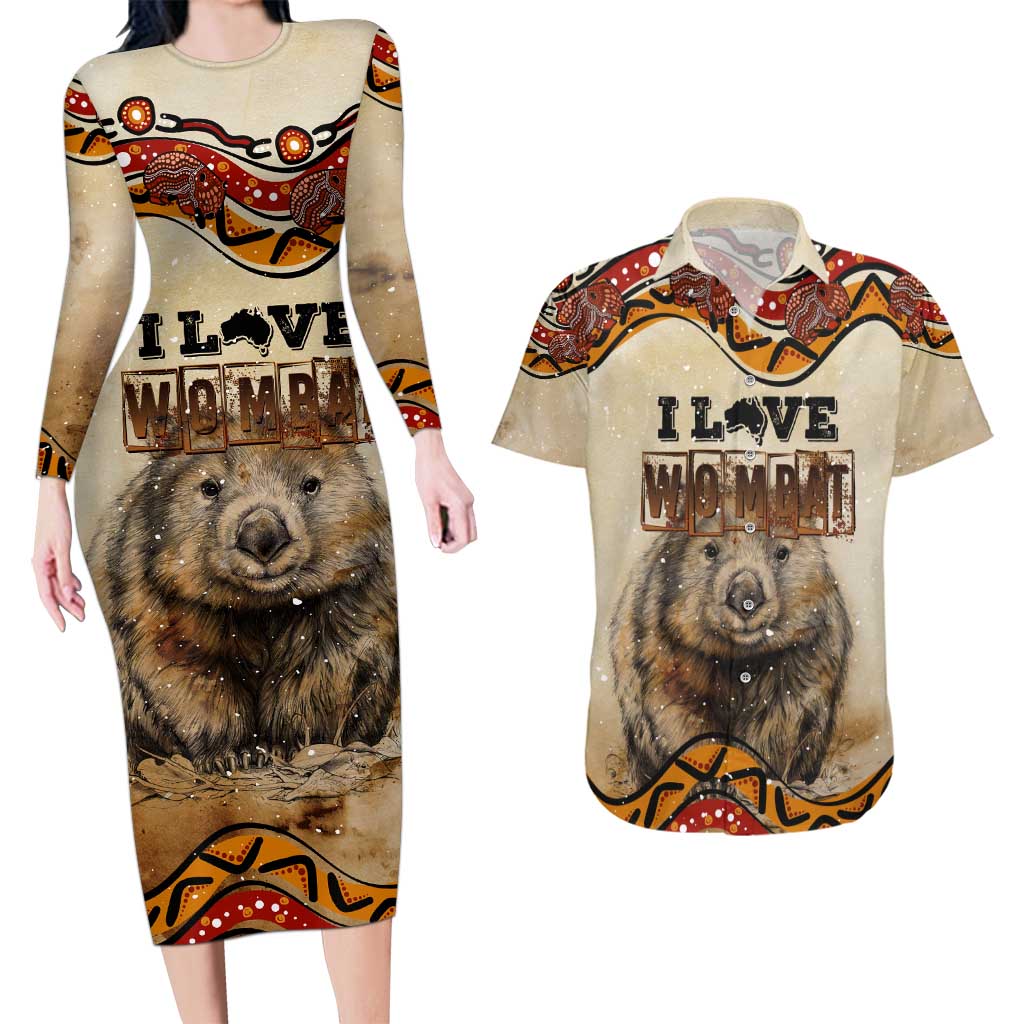 I Love Wombat Couples Matching Long Sleeve Bodycon Dress and Hawaiian Shirt Australian Aboriginal Art
