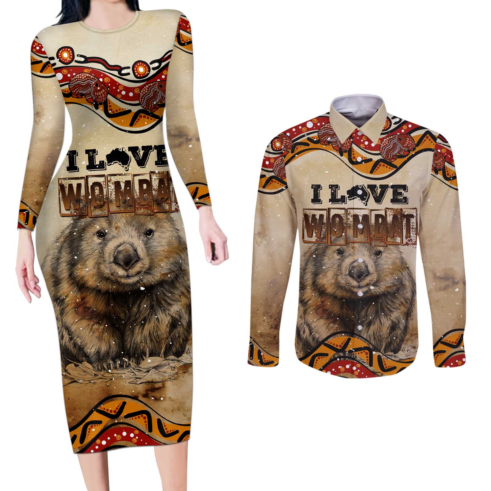 I Love Wombat Couples Matching Long Sleeve Bodycon Dress and Long Sleeve Button Shirt Australian Aboriginal Art