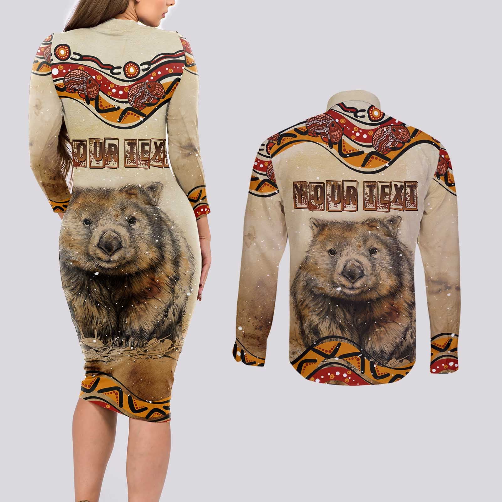 I Love Wombat Couples Matching Long Sleeve Bodycon Dress and Long Sleeve Button Shirt Australian Aboriginal Art