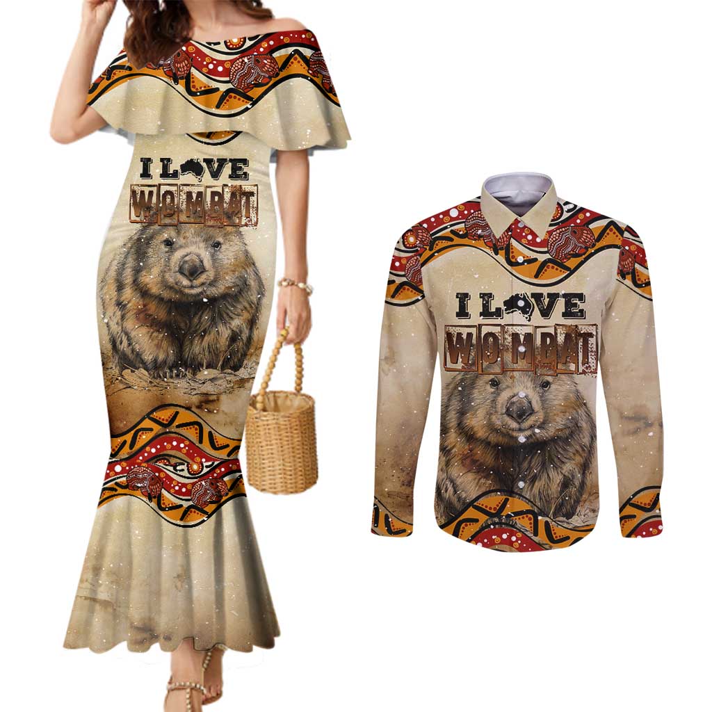 I Love Wombat Couples Matching Mermaid Dress and Long Sleeve Button Shirt Australian Aboriginal Art