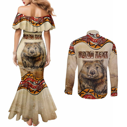 I Love Wombat Couples Matching Mermaid Dress and Long Sleeve Button Shirt Australian Aboriginal Art