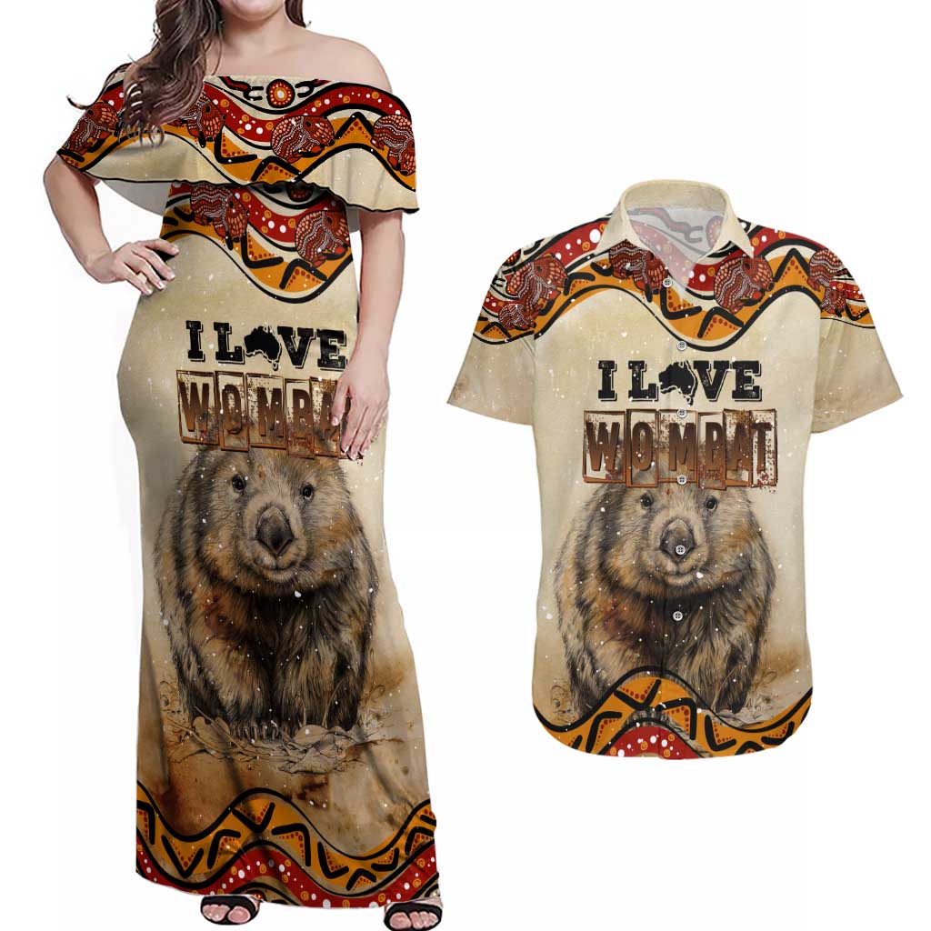 I Love Wombat Couples Matching Off Shoulder Maxi Dress and Hawaiian Shirt Australian Aboriginal Art