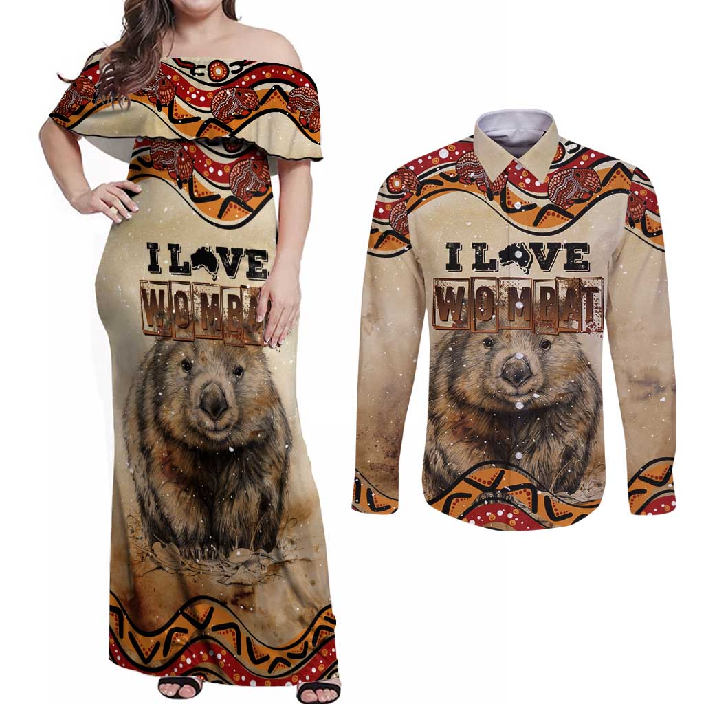 I Love Wombat Couples Matching Off Shoulder Maxi Dress and Long Sleeve Button Shirt Australian Aboriginal Art