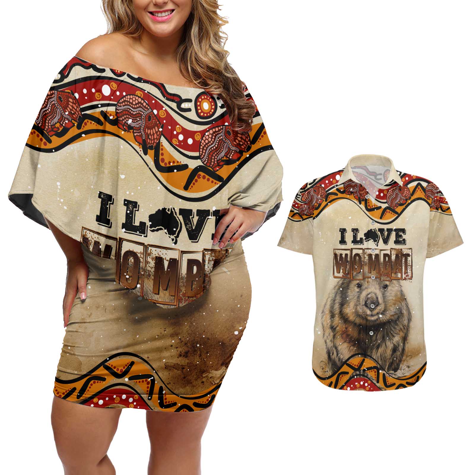 I Love Wombat Couples Matching Off Shoulder Short Dress and Hawaiian Shirt Australian Aboriginal Art