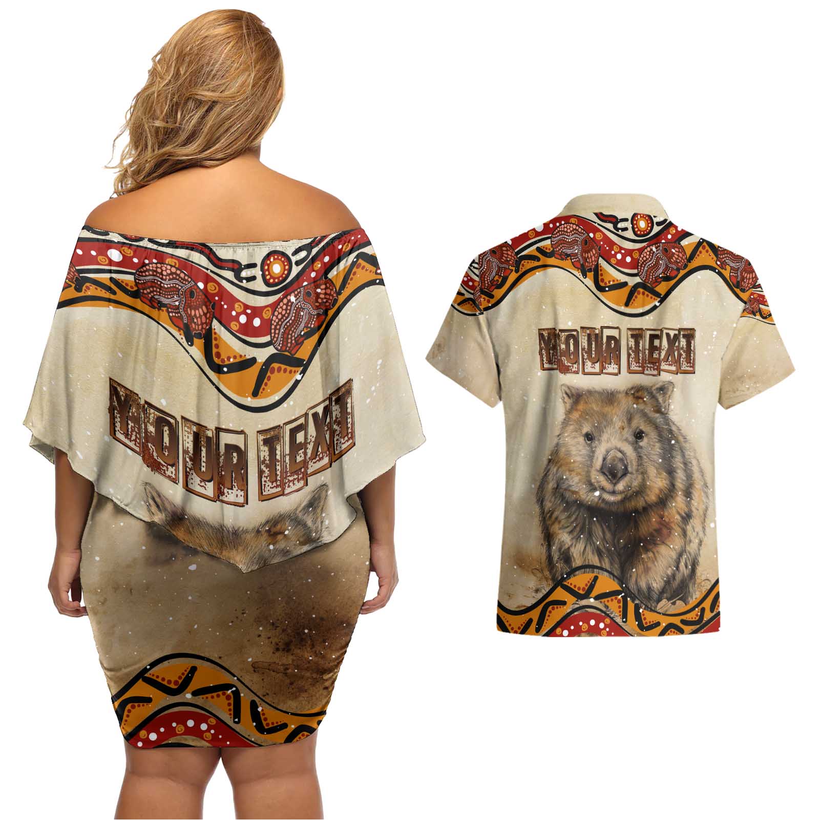 I Love Wombat Couples Matching Off Shoulder Short Dress and Hawaiian Shirt Australian Aboriginal Art