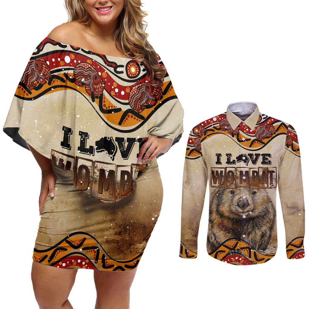 I Love Wombat Couples Matching Off Shoulder Short Dress and Long Sleeve Button Shirt Australian Aboriginal Art