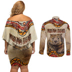 I Love Wombat Couples Matching Off Shoulder Short Dress and Long Sleeve Button Shirt Australian Aboriginal Art