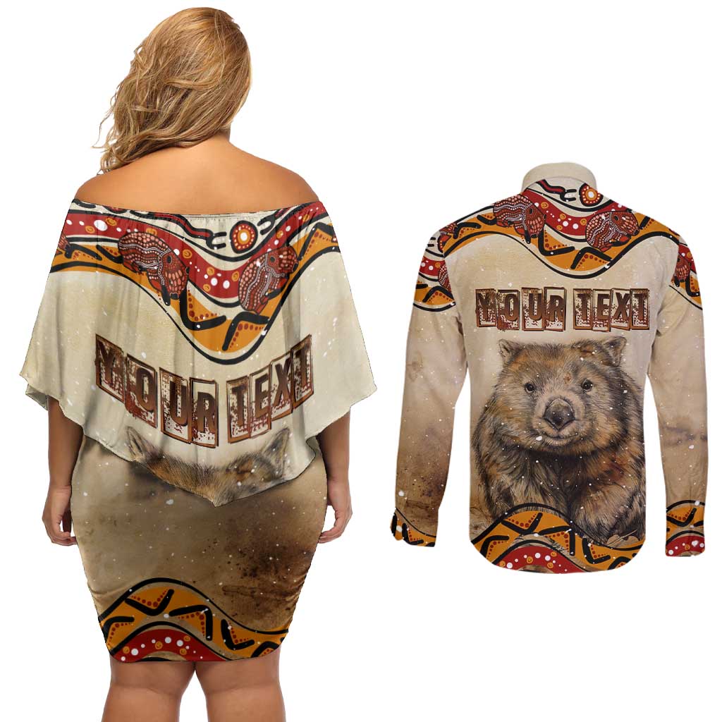 I Love Wombat Couples Matching Off Shoulder Short Dress and Long Sleeve Button Shirt Australian Aboriginal Art
