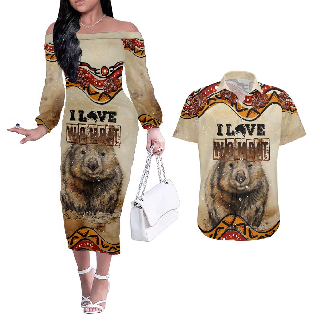 I Love Wombat Couples Matching Off The Shoulder Long Sleeve Dress and Hawaiian Shirt Australian Aboriginal Art