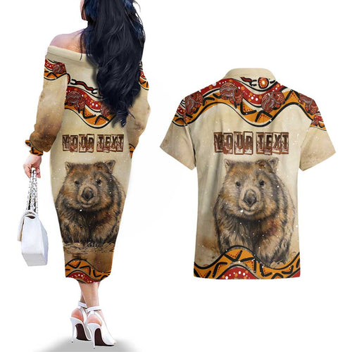 I Love Wombat Couples Matching Off The Shoulder Long Sleeve Dress and Hawaiian Shirt Australian Aboriginal Art