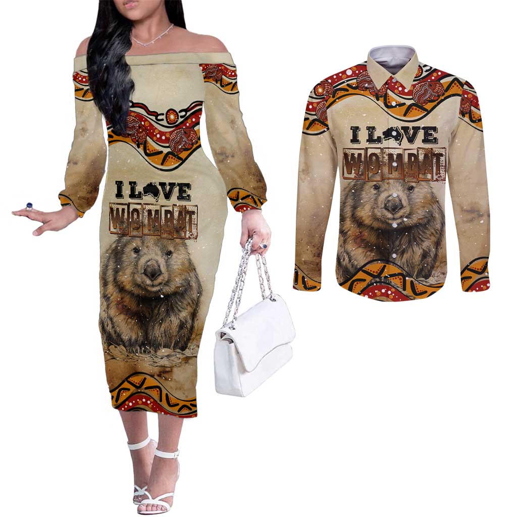 I Love Wombat Couples Matching Off The Shoulder Long Sleeve Dress and Long Sleeve Button Shirt Australian Aboriginal Art