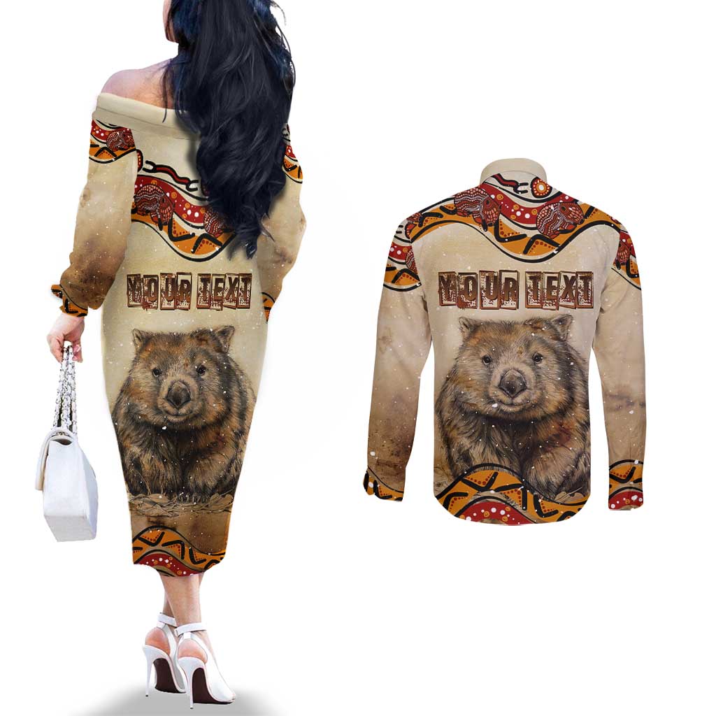 I Love Wombat Couples Matching Off The Shoulder Long Sleeve Dress and Long Sleeve Button Shirt Australian Aboriginal Art