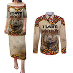 I Love Wombat Couples Matching Puletasi and Long Sleeve Button Shirt Australian Aboriginal Art