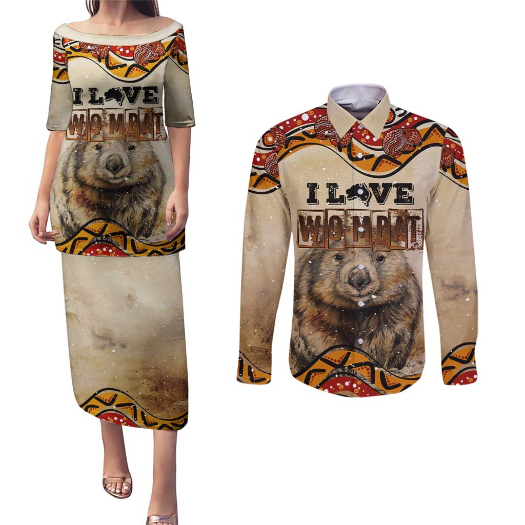 I Love Wombat Couples Matching Puletasi and Long Sleeve Button Shirt Australian Aboriginal Art