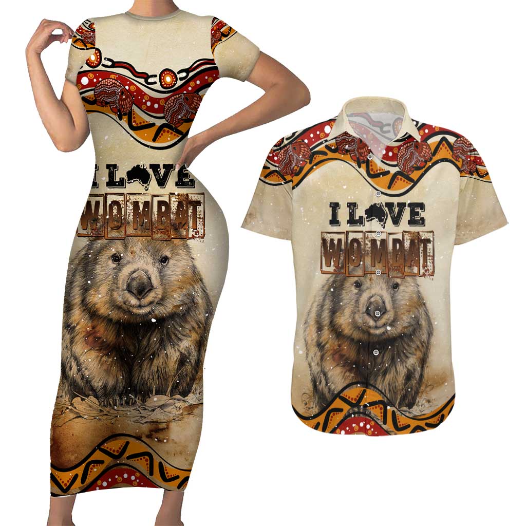 I Love Wombat Couples Matching Short Sleeve Bodycon Dress and Hawaiian Shirt Australian Aboriginal Art