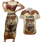 I Love Wombat Couples Matching Short Sleeve Bodycon Dress and Hawaiian Shirt Australian Aboriginal Art