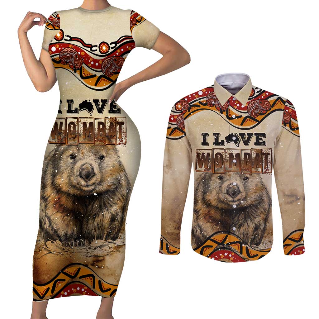 I Love Wombat Couples Matching Short Sleeve Bodycon Dress and Long Sleeve Button Shirt Australian Aboriginal Art