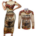 I Love Wombat Couples Matching Short Sleeve Bodycon Dress and Long Sleeve Button Shirt Australian Aboriginal Art