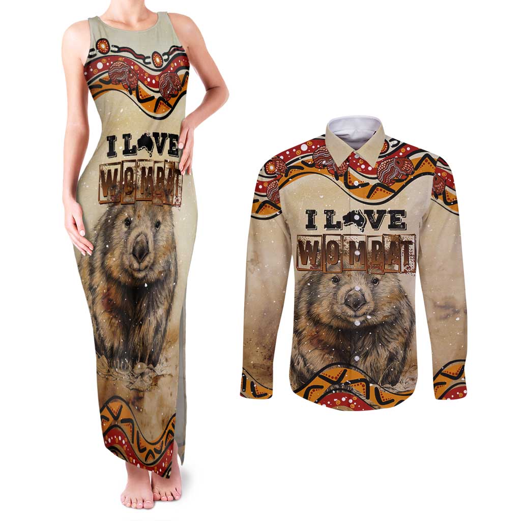 I Love Wombat Couples Matching Tank Maxi Dress and Long Sleeve Button Shirt Australian Aboriginal Art
