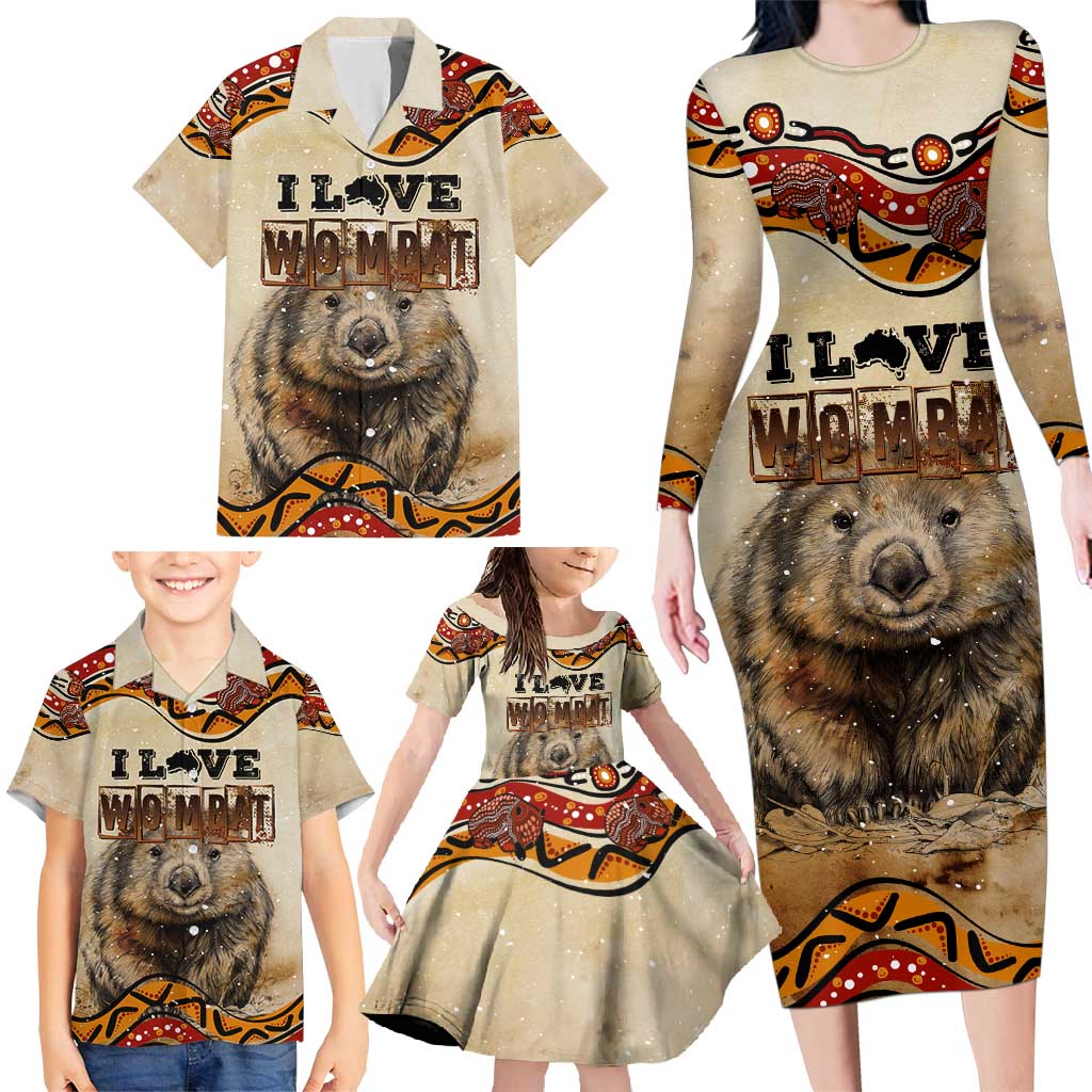 I Love Wombat Family Matching Long Sleeve Bodycon Dress and Hawaiian Shirt Australian Aboriginal Art