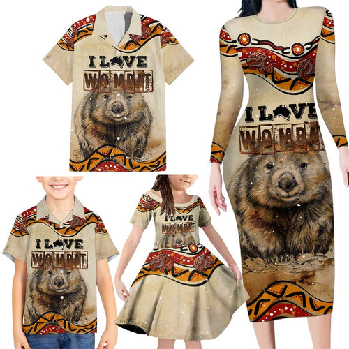 I Love Wombat Family Matching Long Sleeve Bodycon Dress and Hawaiian Shirt Australian Aboriginal Art