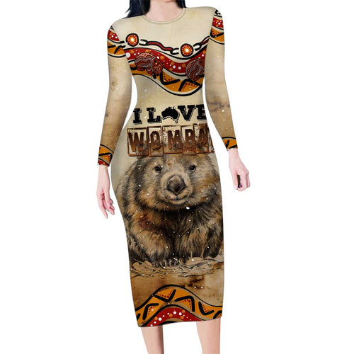 I Love Wombat Family Matching Long Sleeve Bodycon Dress and Hawaiian Shirt Australian Aboriginal Art