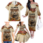 I Love Wombat Family Matching Off The Shoulder Long Sleeve Dress and Hawaiian Shirt Australian Aboriginal Art