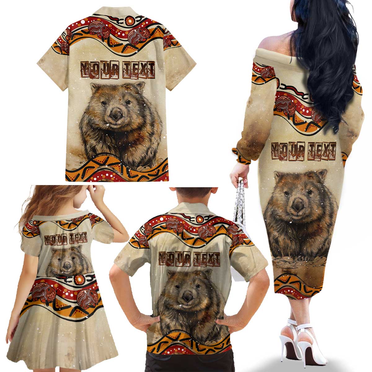 I Love Wombat Family Matching Off The Shoulder Long Sleeve Dress and Hawaiian Shirt Australian Aboriginal Art