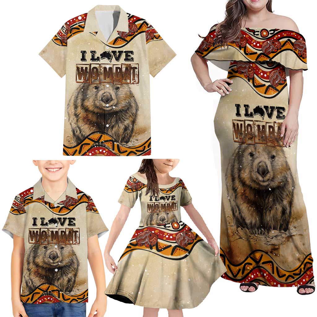 I Love Wombat Family Matching Off Shoulder Maxi Dress and Hawaiian Shirt Australian Aboriginal Art