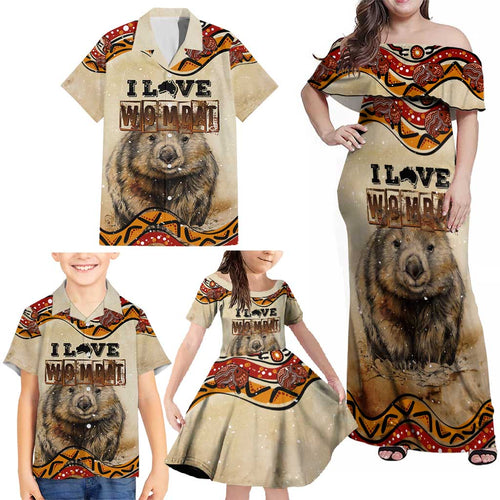 I Love Wombat Family Matching Off Shoulder Maxi Dress and Hawaiian Shirt Australian Aboriginal Art