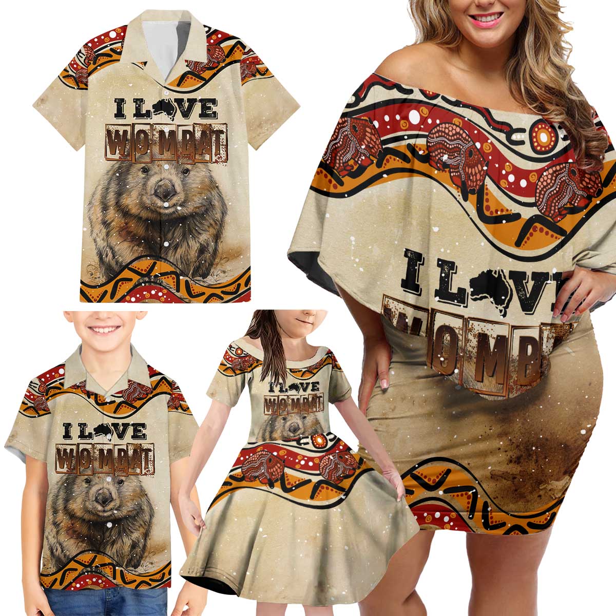 I Love Wombat Family Matching Off Shoulder Short Dress and Hawaiian Shirt Australian Aboriginal Art