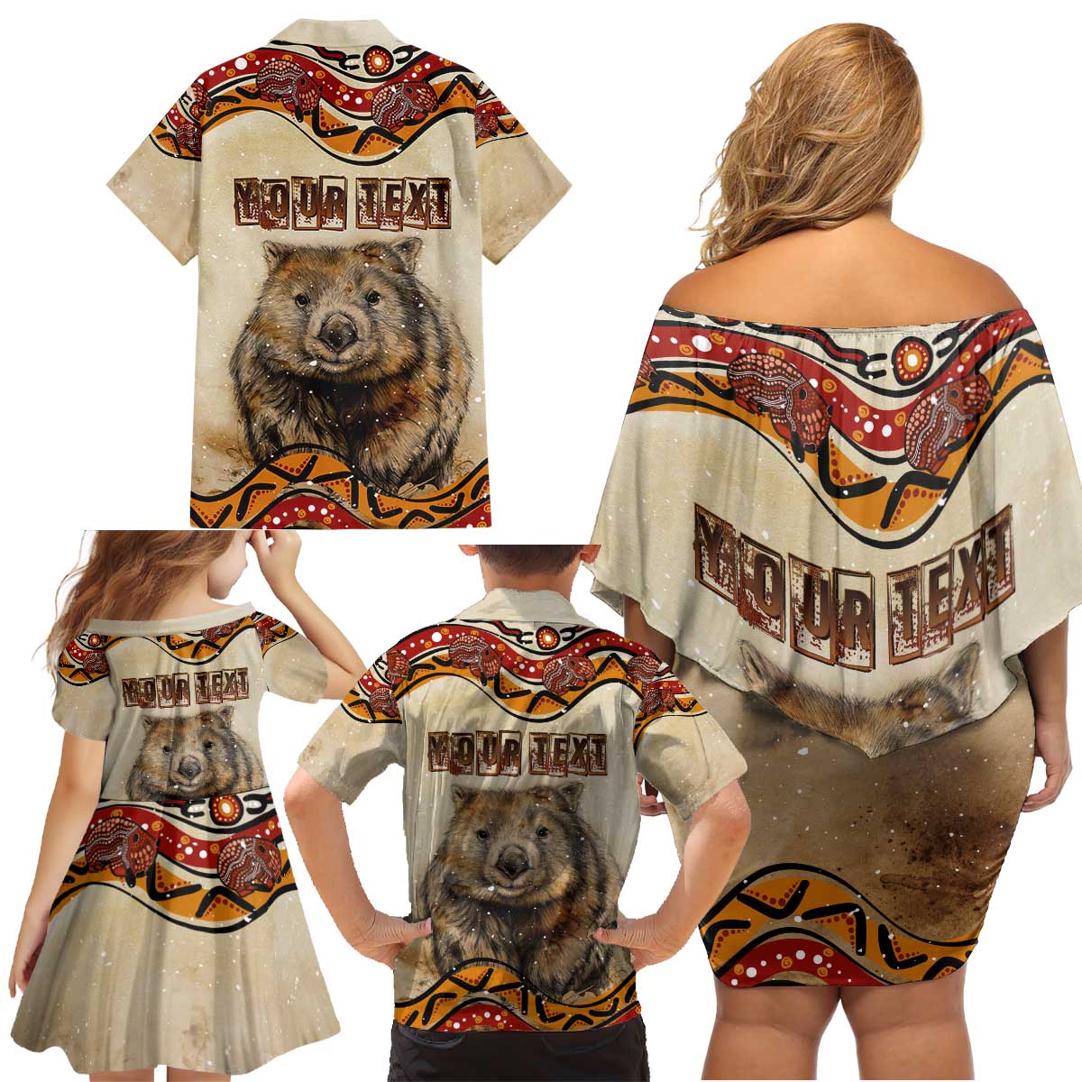 I Love Wombat Family Matching Off Shoulder Short Dress and Hawaiian Shirt Australian Aboriginal Art