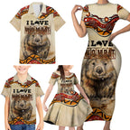 I Love Wombat Family Matching Short Sleeve Bodycon Dress and Hawaiian Shirt Australian Aboriginal Art