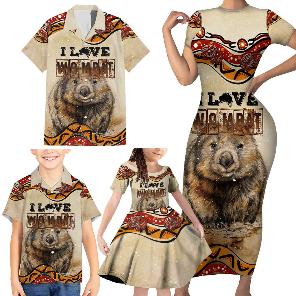 I Love Wombat Family Matching Short Sleeve Bodycon Dress and Hawaiian Shirt Australian Aboriginal Art