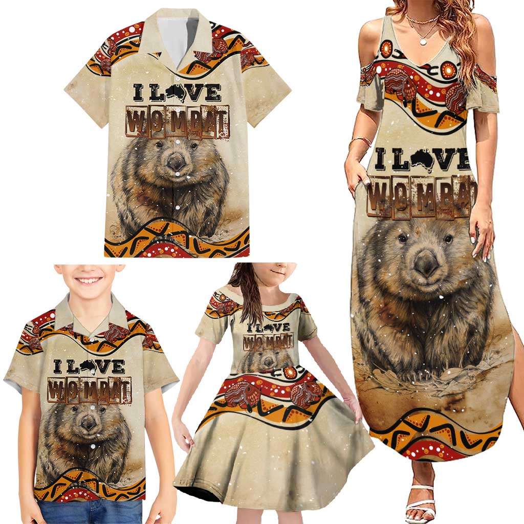 I Love Wombat Family Matching Summer Maxi Dress and Hawaiian Shirt Australian Aboriginal Art