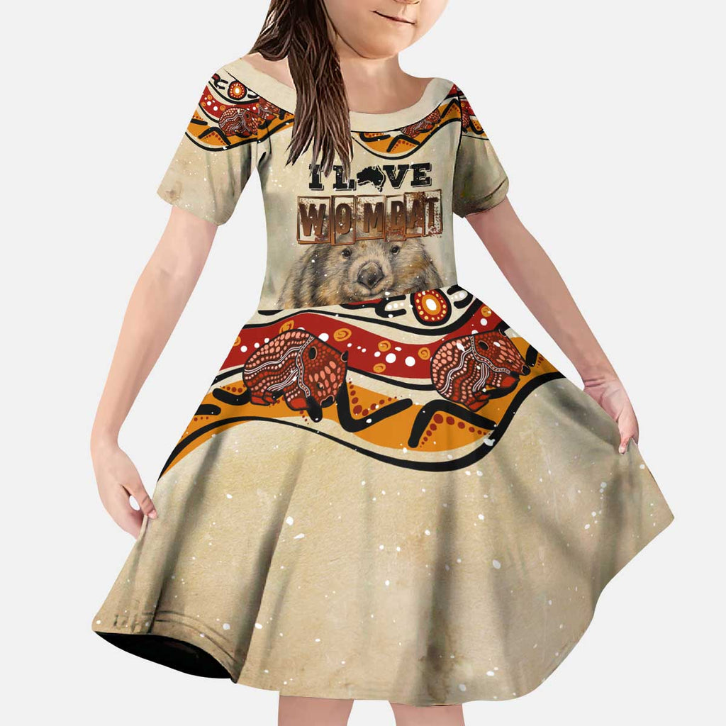 I Love Wombat Kid Short Sleeve Dress Australian Aboriginal Art