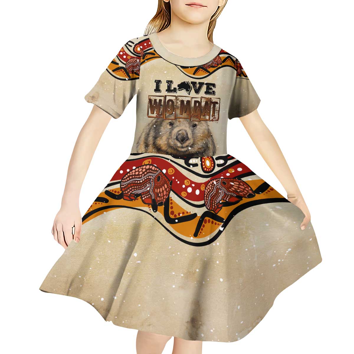 I Love Wombat Kid Short Sleeve Dress Australian Aboriginal Art