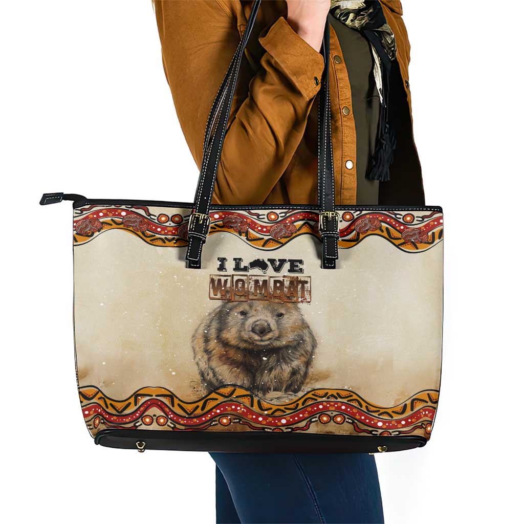 I Love Wombat Leather Tote Bag Australian Aboriginal Art