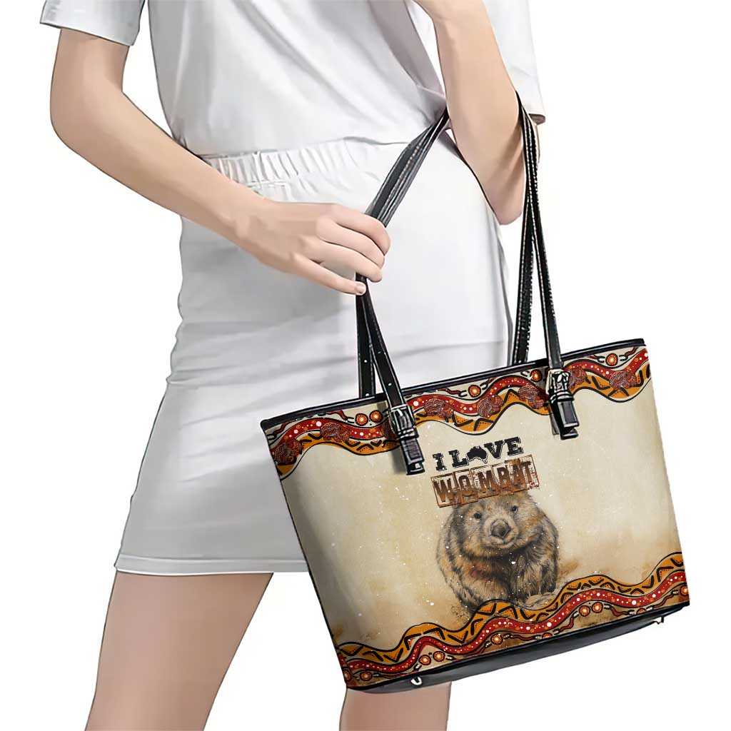 I Love Wombat Leather Tote Bag Australian Aboriginal Art