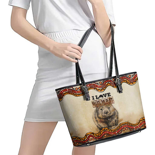 I Love Wombat Leather Tote Bag Australian Aboriginal Art